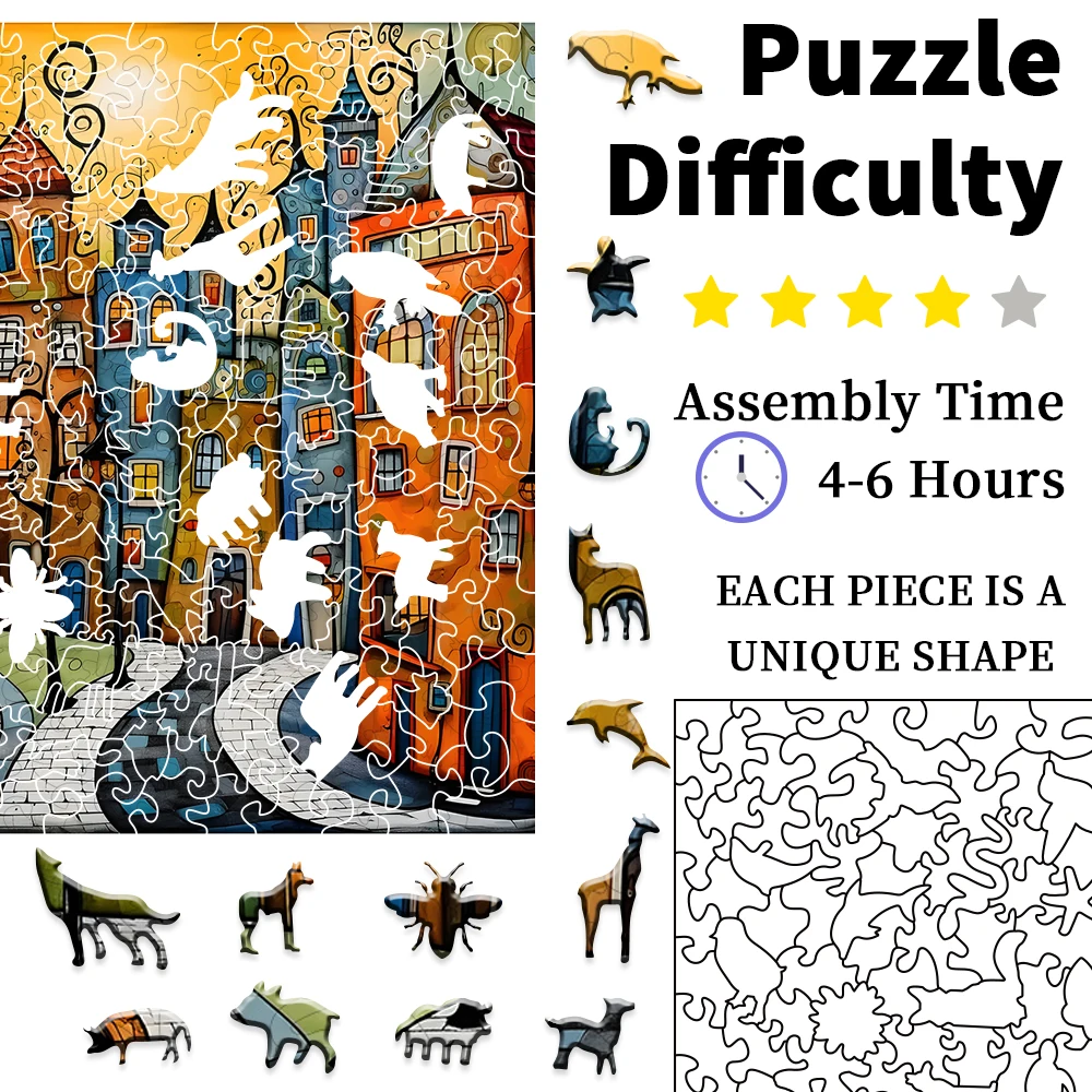 Unique Cartoon City Wooden Puzzle - Creative Irregular Shape Christmas, Birthday, and Holiday Perfect Gift  Suitable for Friends 6