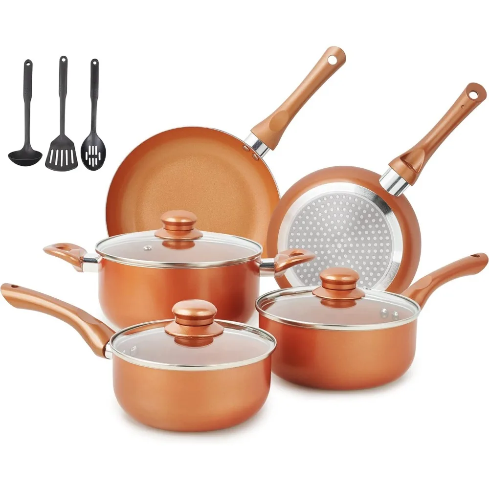 

M MELENTA Pots and Pans Set Ultra Nonstick, Pre-Installed 11pcs Cookware Set Copper with Ceramic Coating, Stay cool handle