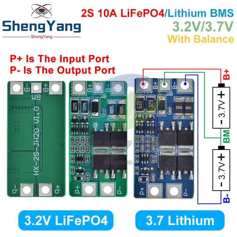 TZT BMS 2S 3,2 V 3,7 V 10A LiFePO4/Lithium-Batterie Ladeschutzplatine 6,4 V 7,2 V 18650 32650 Batteriepacks mit Balance