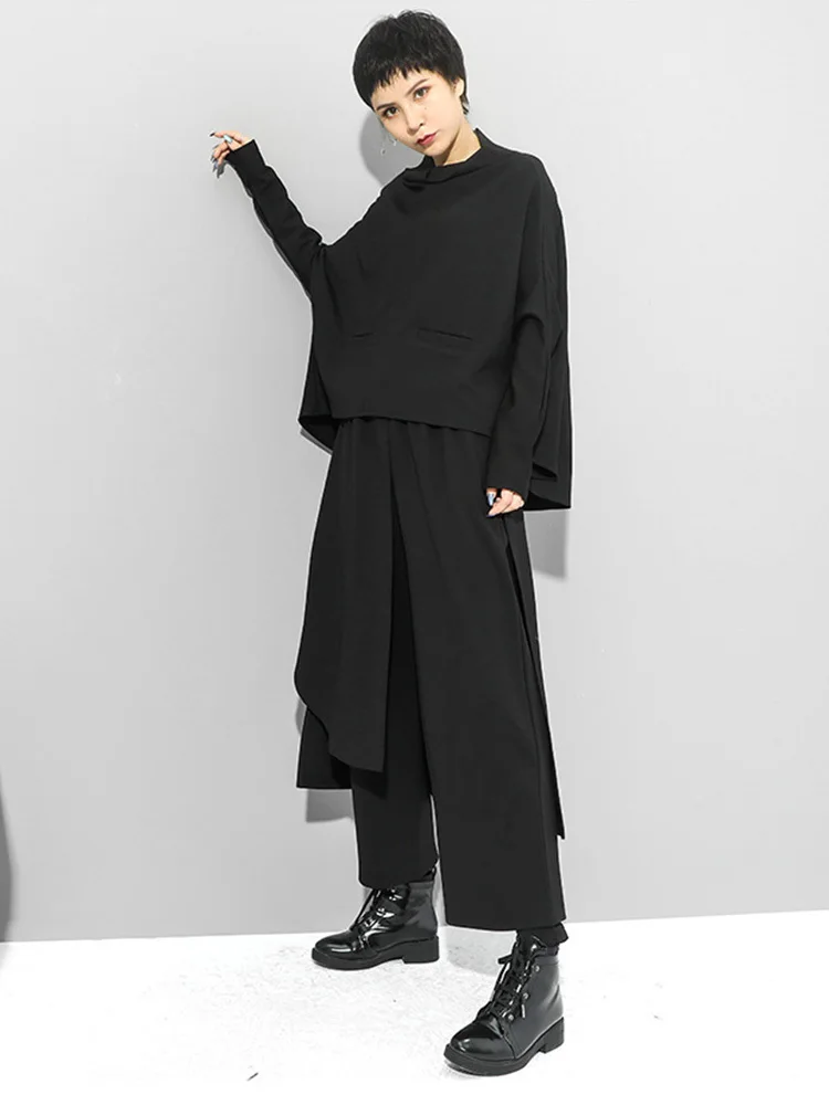 [EAM] High Elastic Waist Black Irregular Long Wide Leg Trousers New Loose Fit Pants Women Fashion Tide Spring Autumn 2026 1Z289