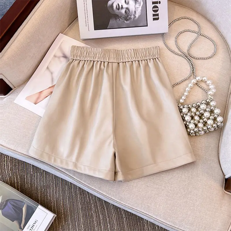 High Quality Solid Pu Leather Shorts Women Autumn Winter New High Waist Wide-Leg Cool Zipper Pocket Korean Style Folds Simple