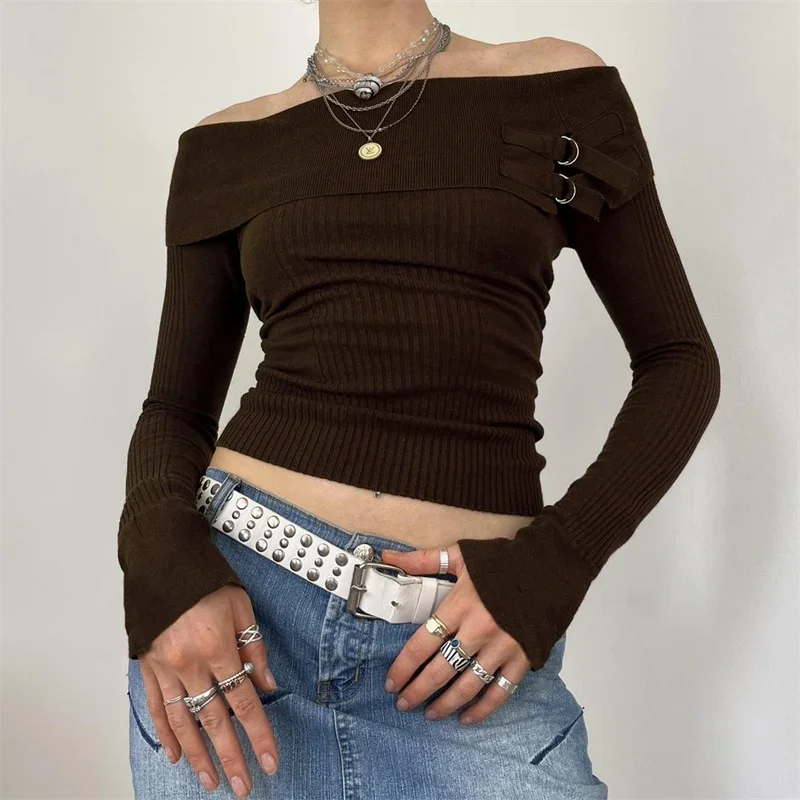 

Fall Winter Ribbed Knit Cropped Sweater Long Sleeve Off-Shoulder Neck Brown Tops for Women Sexy Solid Slim Top Basic Knitwear