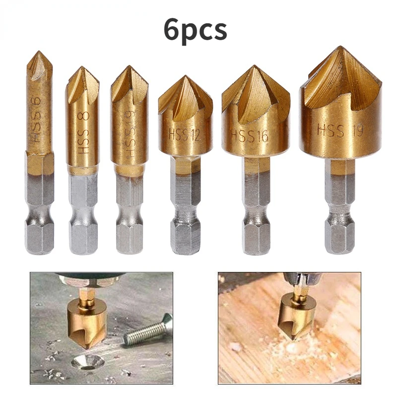 6/3 pcs Countersink Drill Bit Set 1/4'' Hex Shank HSS 5 Flute Countersink 90 Degree Wood Chamfering Cutter Woodworking Tools