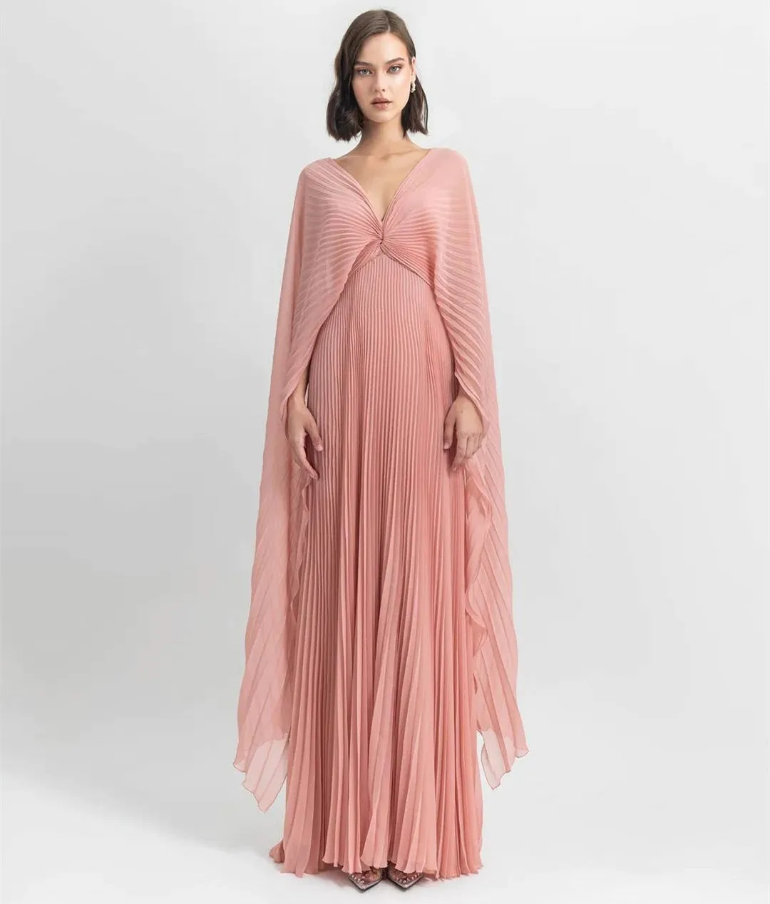 

Elegant Long Pink Chiffon V-Neck Evening Dresses A-Line Pleated Floor Length Zipper Back Vestidos de Noche Prom Gowns for Women
