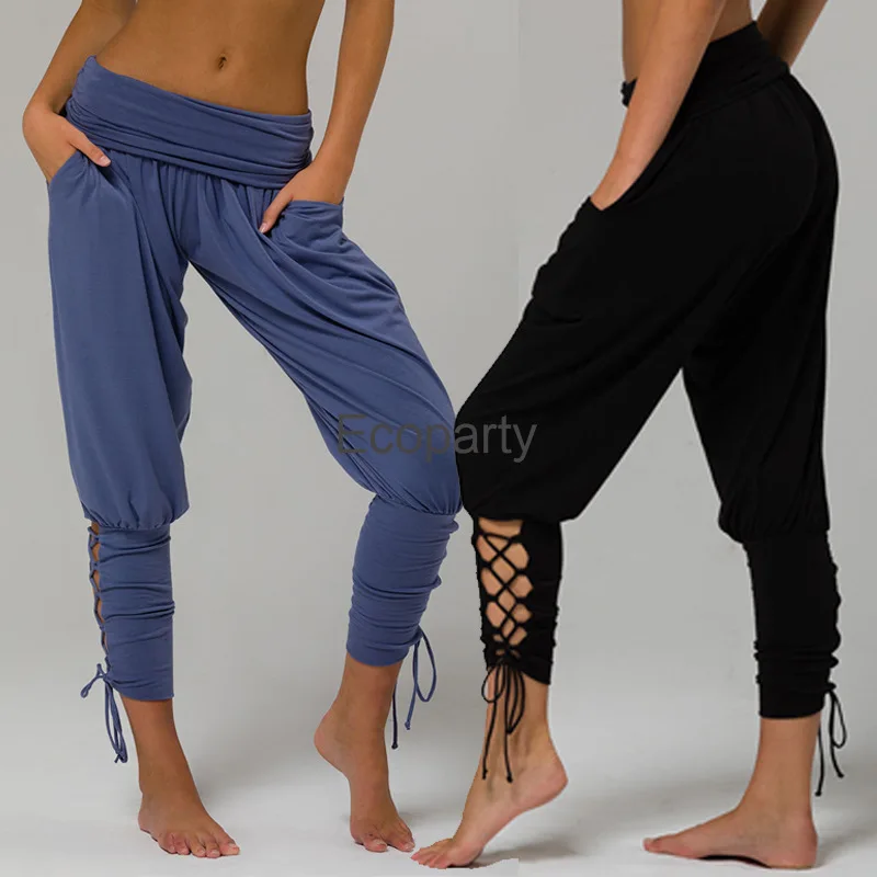 

New Fashion Pilates Pants For Women Soft Solid Lace Up Harlan Pants 2023 Casual Gym Fitness Loose Bandage Pocketed Trousers