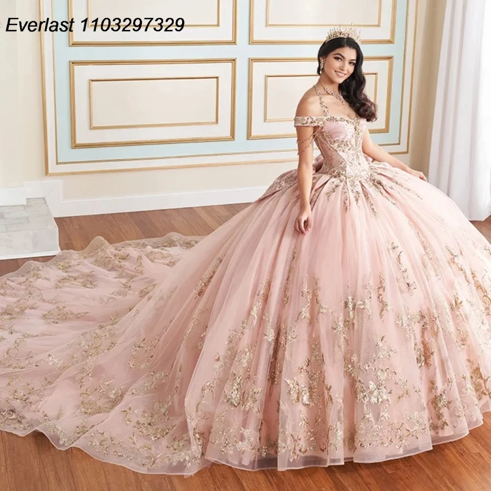 EVLAST Glitter Pink Quinceanera Dress Ball Gown Gold Lace Applique Beaded Bow Corset Sweet 16 Vestidos 15 Anos TQD847