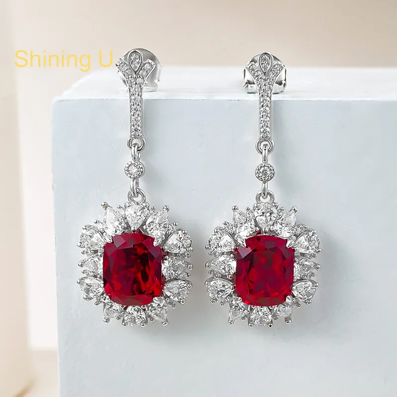 

Shining U S925 Silver High Carbon Daimond 8*10mm Ruby Drop Earrings for Women Fine Jewelry Engagement