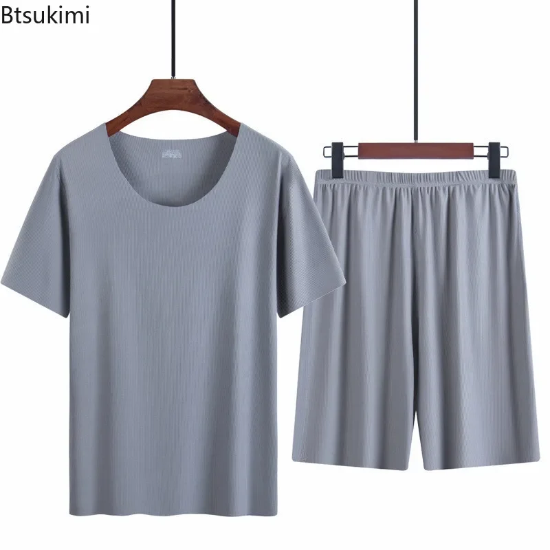 Men's Summer Thin Pajamas Suit Home Wear Seamless Short Sleeve Shorts Sleepwear Sets Non-trace Ice Silk Lounge Nightwear for Men pajamas set silk pajamas man pajamas set