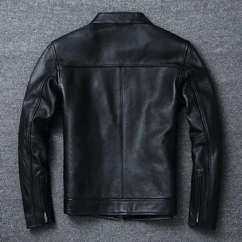 الطبقة العليا جلد البقر سليم صالح الوقوف طوق دراجة نارية دعوى الرجال سترة جلدية لينة جلد البقر سترة كبيرة الحجم الموضة - Image 2