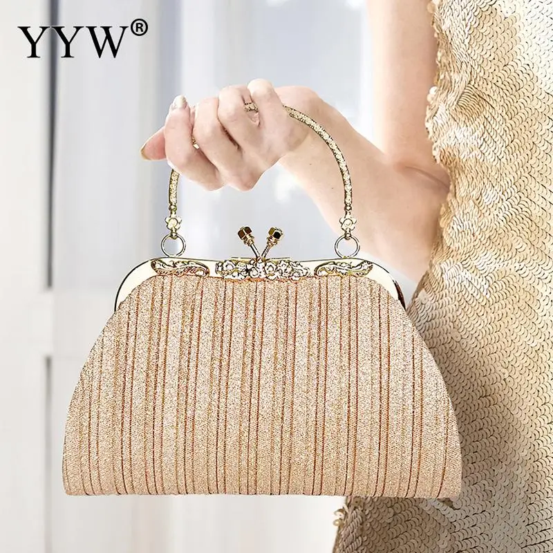 Fashion Women Evening Handbag Top Handle Kiss Lock Clutch Bag Glitter Sparkly Pleated PU Leather Lady Crossbody Shoulder Tote