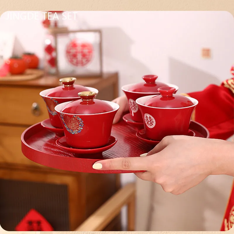 Chinese Wedding Teaware Supplies Exquisite Ceramics Gaiwan Teacup Handmade Tea Maker Double Happiness Bowl High-end Tea Set