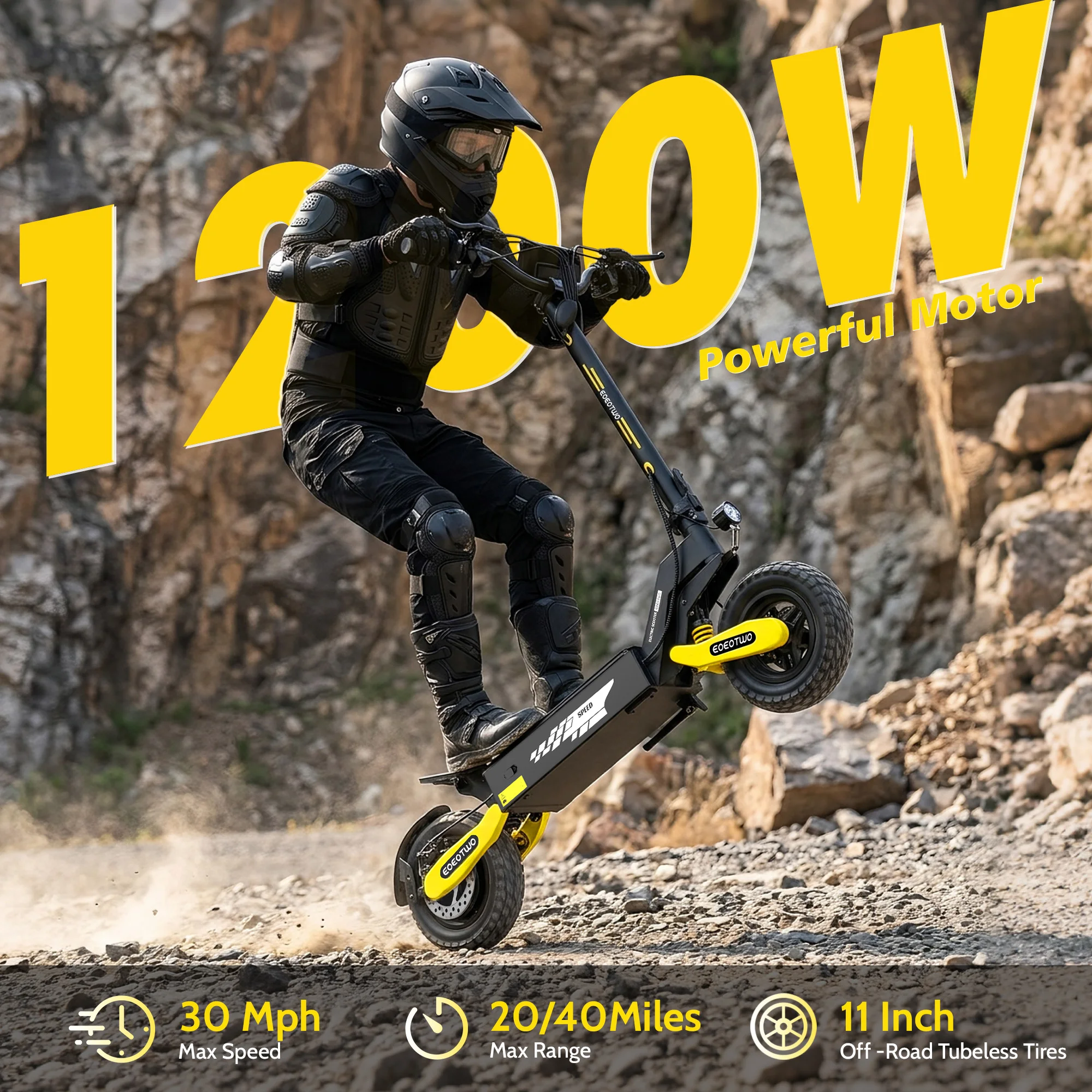 1200W Off-Road Electric Scooter for Adults – 48V Long Range E-Scooter with 30MPH Fast Speed, 11-Inch Tires & Folding Design 2