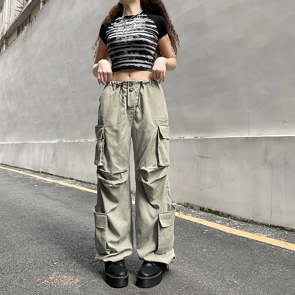 Calças coreanas de carga para mulheres, cintura alta, perna larga, moletom  reto, calças largas com cordão largo, streetwear casual, bolso grande, Y2K  - AliExpress