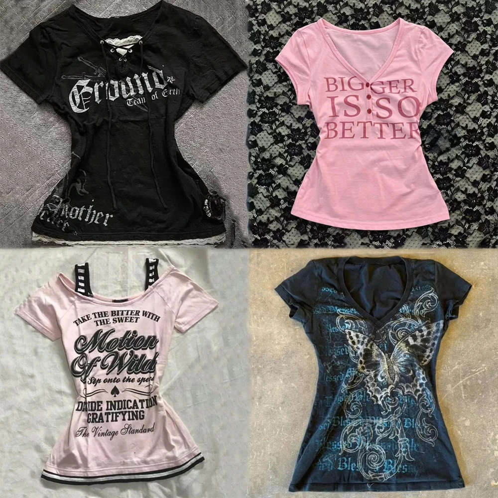 Vintage Black Gothic Punk Graphic V-Neck Hoodie Tee