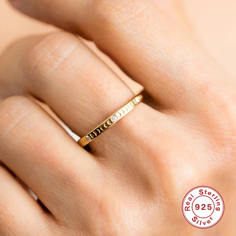 LENNIK 925 Sterling Silver Delicate Moon Engrave Rings for Women Men Lovely Boho Creative Jewelry Crescent Ring Trendy Rings