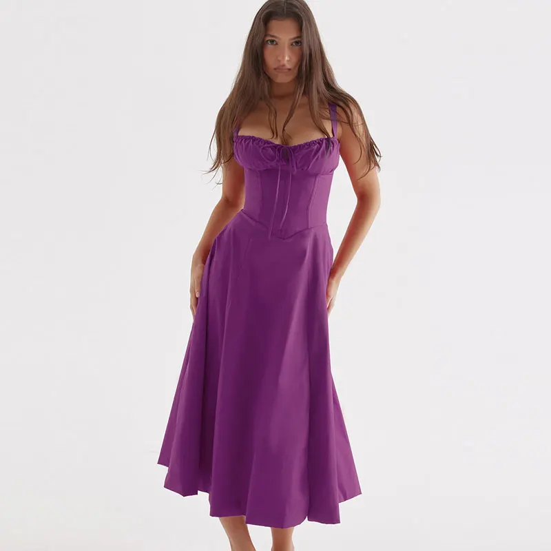 Robe à bretelles imprimée florale pour femmes, robe trapèze élégante, couleur unie, coupe couvertes, fente latérale, taille, été 2023 18