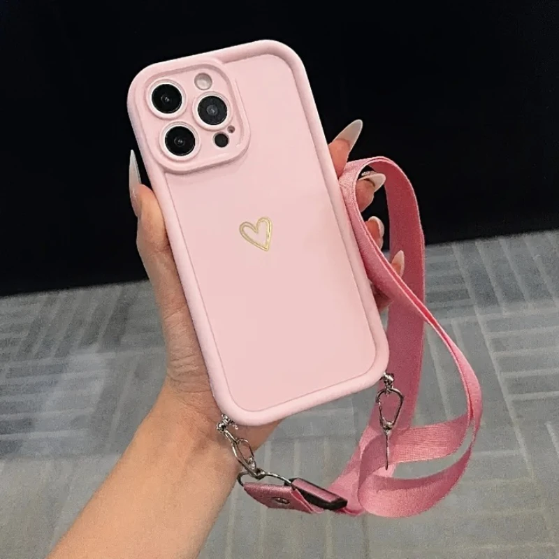 Luxury Gold Heart Phone Case with Adjustable Hanging Rope