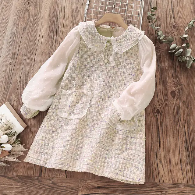 Spring Girls Princess Dress Long Sleeve Children Clothing Floral Sweet Family Party Wear Tulle Baby Girls Dress Vestidos 3-14Y xxf-beige