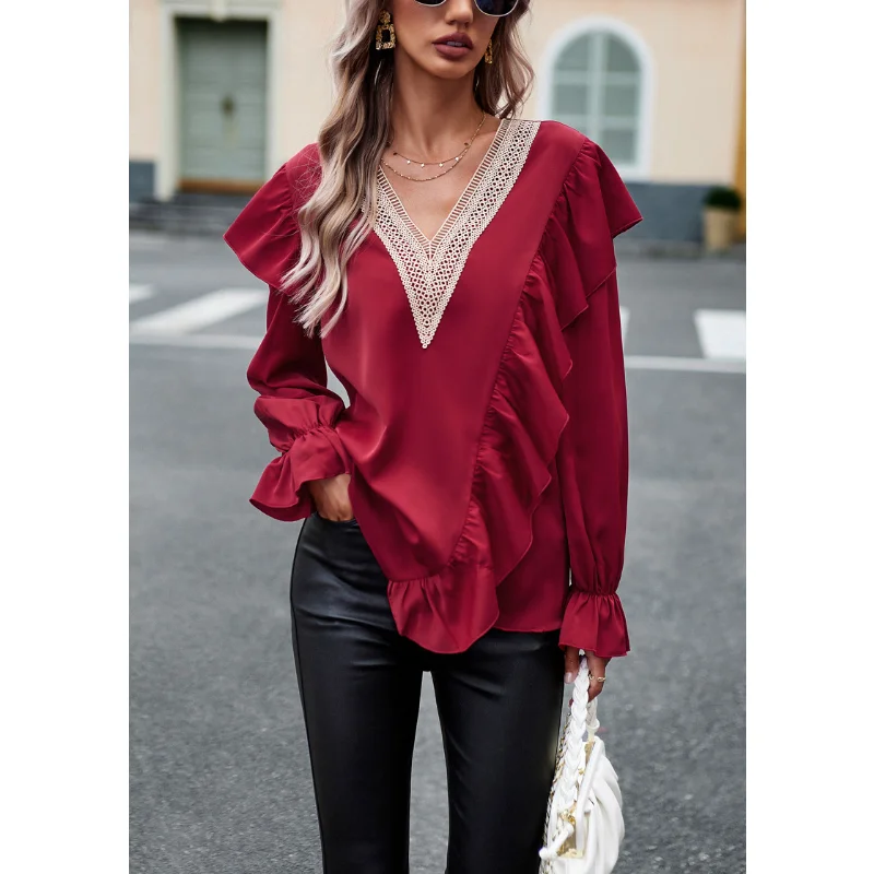 

Spring Autumn Women's Fashion Tops Sexy V-neck Solid Color Ruffle Sleeve Elegant Temperament Long Sleeve T-shirt