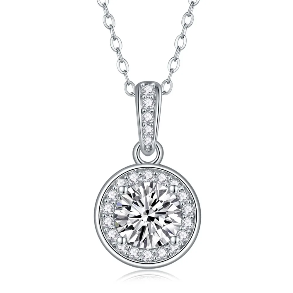 

M-JAJA Halo Moissanite Necklace Pendant 6.5mm D Color Round 18K White Gold Plated 925 Sterling Silver Lab Diamond Chain Jewelry