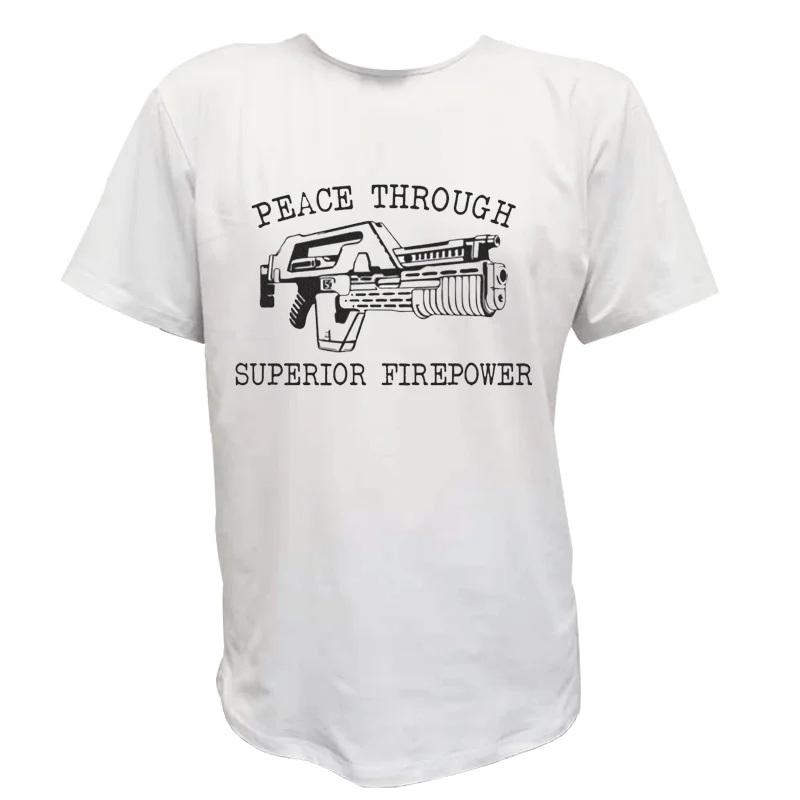 

Футболка мужская с принтом инопланетянина и надписью Peace Through Superior Firepower sci fi, тенниска с коротким рукавом и круглым вырезом, майка в стиле Харадзюку, лето