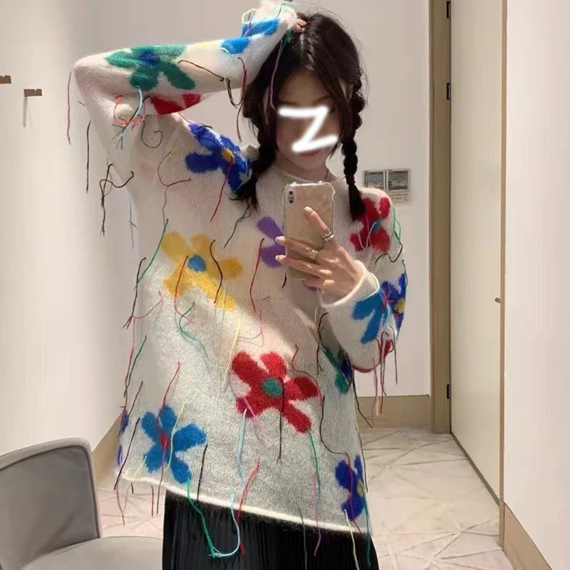 

Autumn 2022 New Style Long-sleeved Sexy Color Flower Sweater Women's Mohair Casual Loose Tassel Top Womens Winter Sweaters