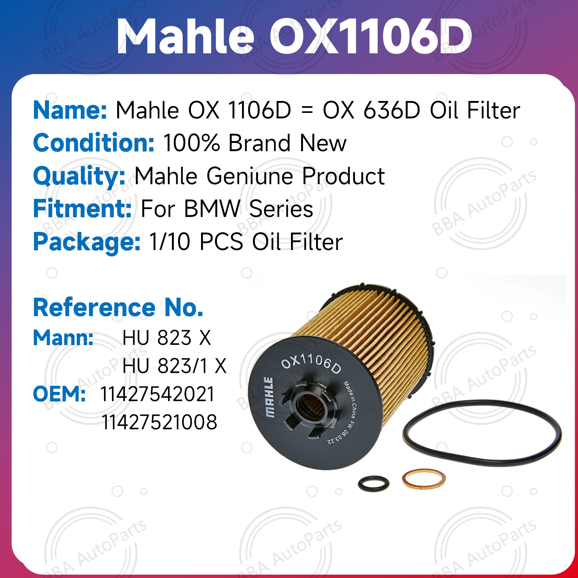 Mahle OX1106D/OX636D Oil Filter Compatible with BMW 540i 550i 650i 740Li 750Li 760i X5 OE Numbers 1142754 11427521008