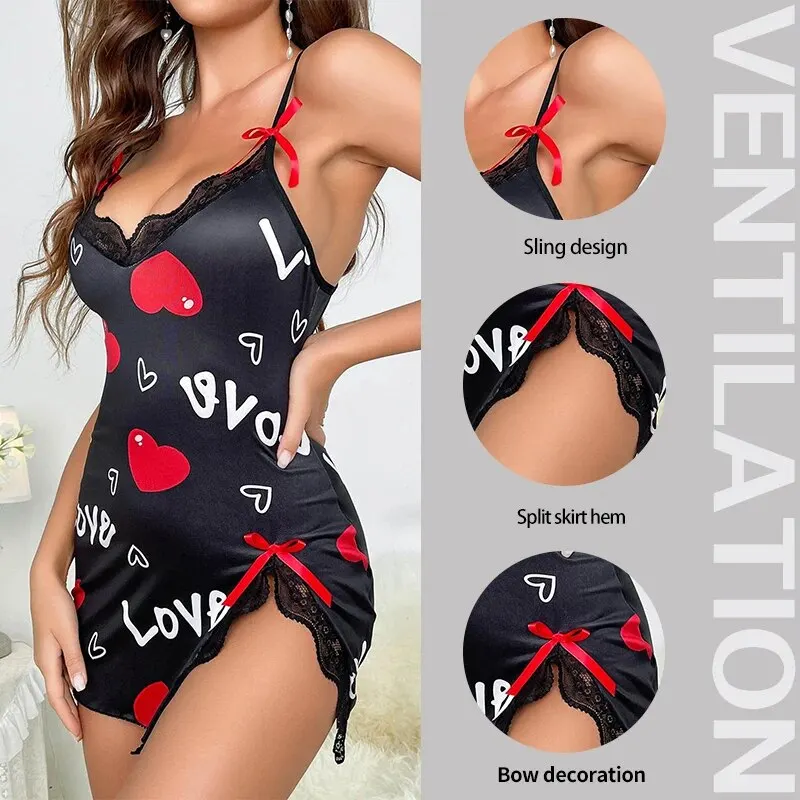 Women Pajamas Sling Dress Lace Edge V-Neck Side Split Printed Sleepwear Home women nightgowns women nightdresses women pajamas sleeping dress
