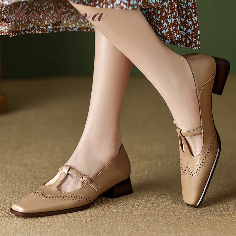 

Meotina Women Genuine Leather Square Toe Flats Buckle Shallow Ladies Fashion Casual Shoes Spring Autumn Apricot Black 40