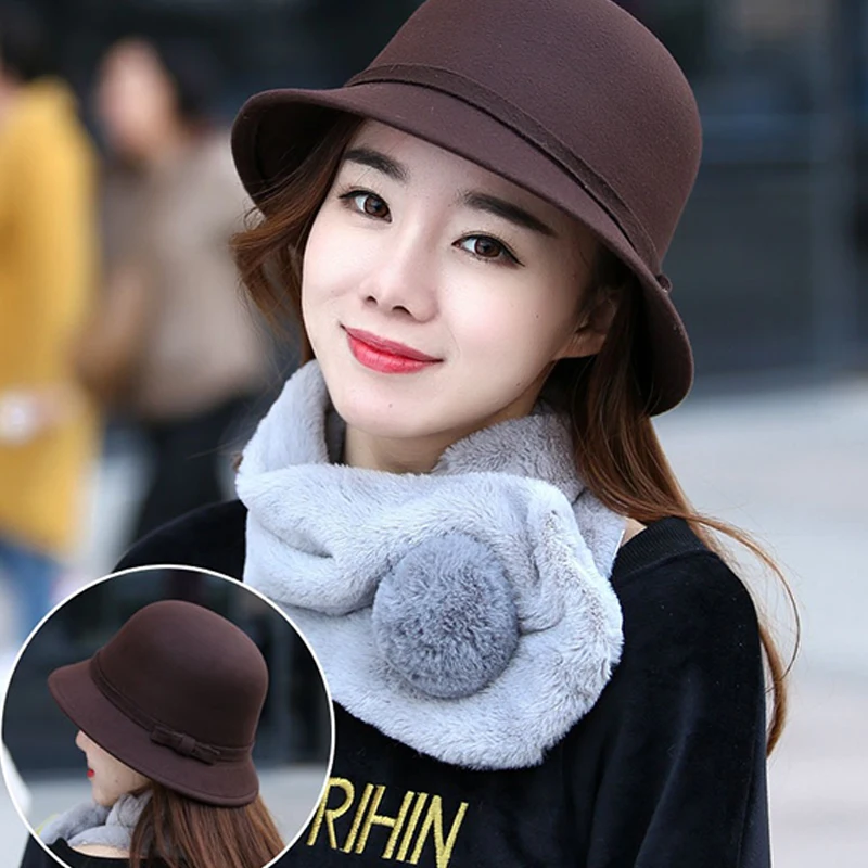 1PC Autumn Winter French Bow Bucket Hat Women Sweet Felt Hat With