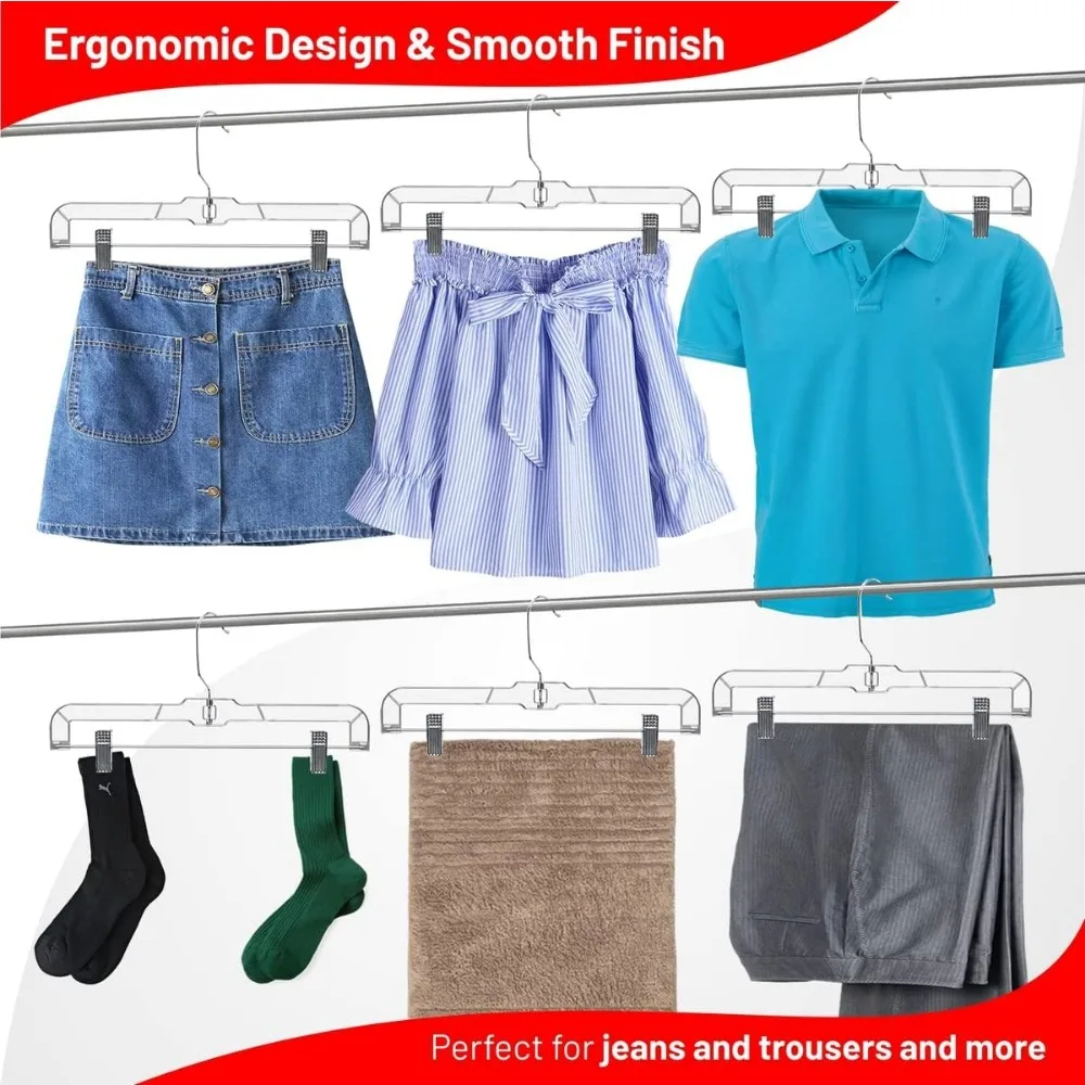 ™ Skirt Hanger Pants Hangers with Clips Hangers Shorts Hanger Clear Plastic Clothes Hangers with 2-Adjustable Clip Non-Slip Clot