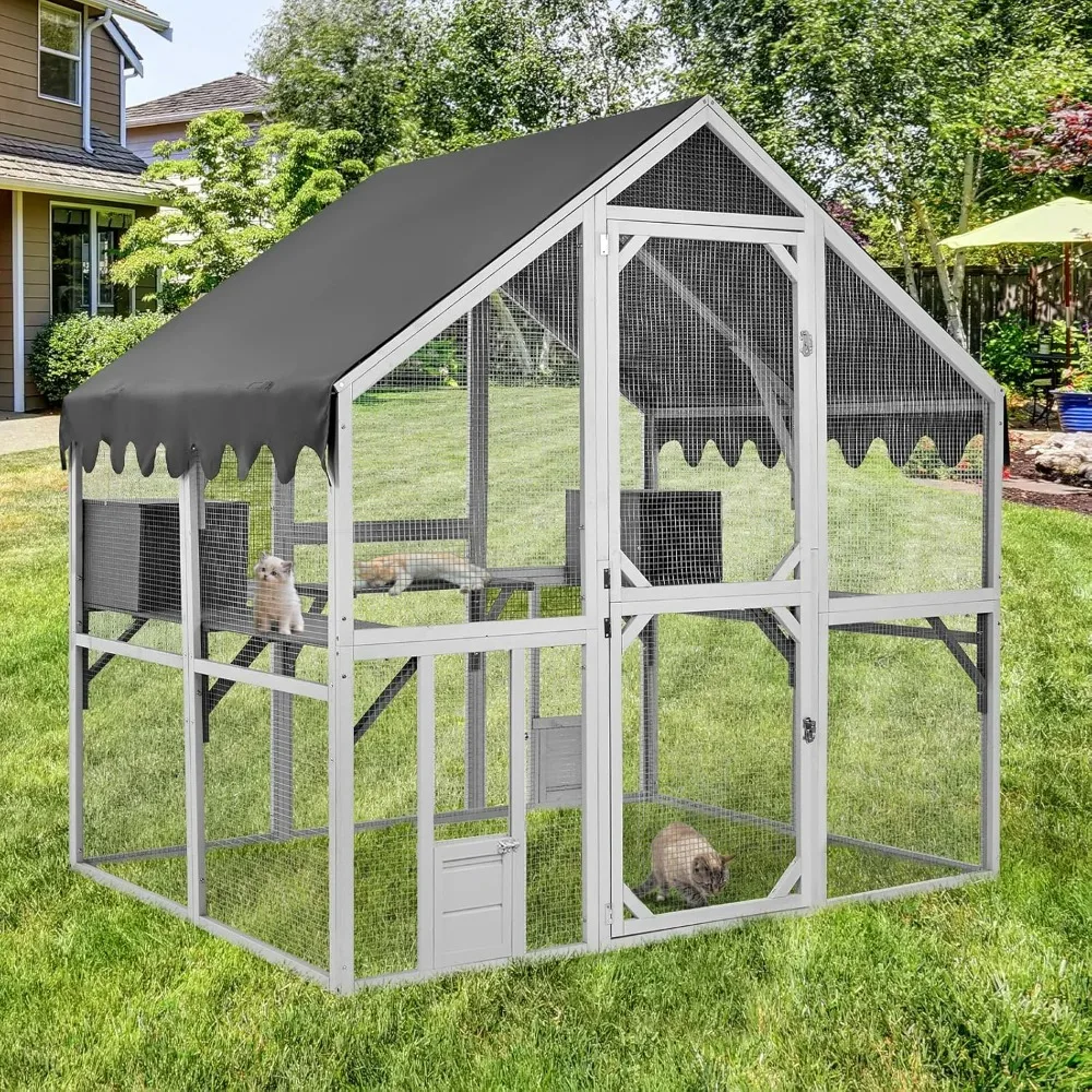 Outdoor Cat House Large for Multiple Cats, Wooden Cat Condo Cage for Outside with Waterproof Roof, Playpen, Resting Box