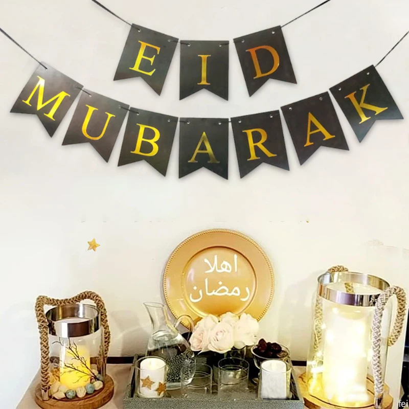 Eid Mubarak Banners Ramadan Party Decorations Supplies Eid Hanging Ornament Living Room Bedroom Wall Decoration Banner