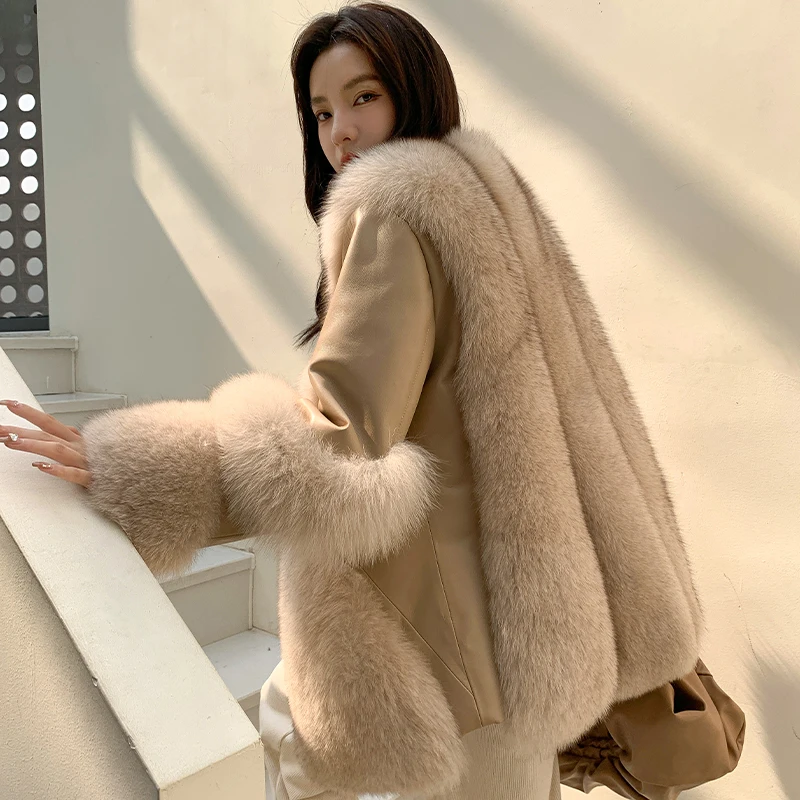 

2023 New Real fur,Gorgeous Genuine Sheepskin Leather Jacket Streetwear Real Fox Fur Collar natural fur coats