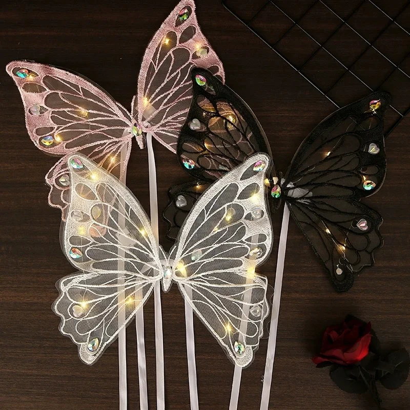 Multicolor Butterfly Wings Cake Topper LED Light Happy Birthday Lighting Pearl Butterfly Wings Plastic Party Favors Supplies