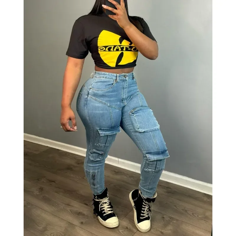 Women Skinny Cargo Jeans Pants Autumn Winter High Waist Button Zipper Casual Bodycon All Match Y2k Trousers Hipster Streetwear