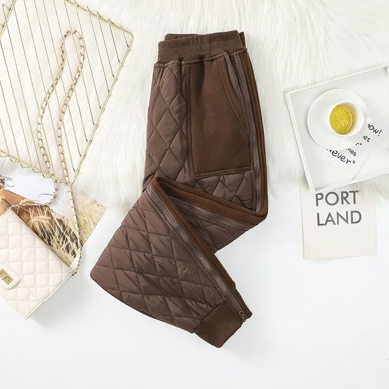 Mom's Winter New High Waist Haren Pants Commuter Fashion Zipper Splicing Fleece and Warm Comfortable Versatile Down Cotton Pants