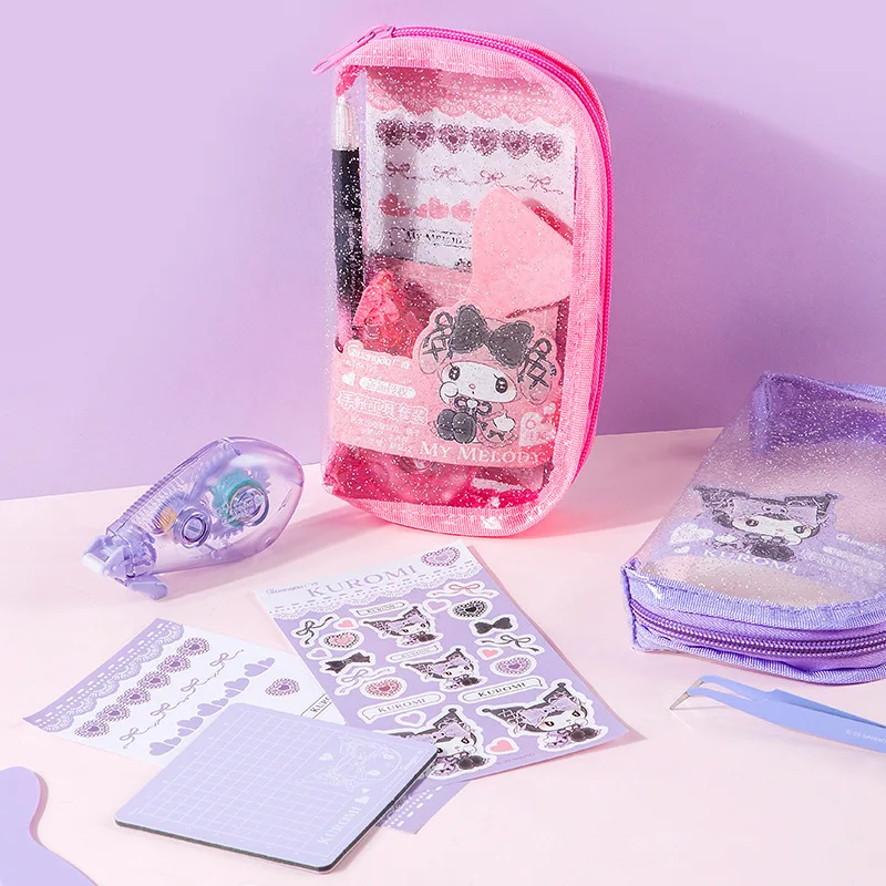 

2pcs Sanrio Stationery Cinnamoroll Kuromi Kawaii DIY Notebook Stickers Tweezer Material Tool Set Cute Pencil Bags Students Gifts