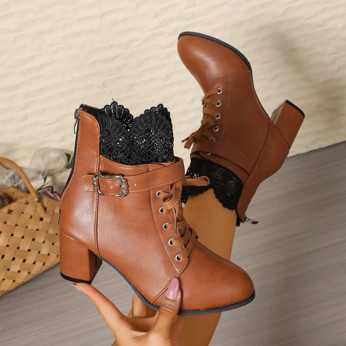 Aphixta 6.5cm Square Heels Ankle Boots Buckle Lace Bordered Zipper Woman Autumn Winter Shoes High Heels Modern Boots Big Size 42