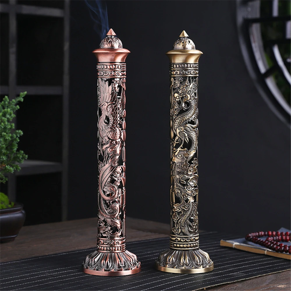 Archaize Vertical Incense Burner Buddha Heart Sutra Dragon Phoenix Pillar Metal Thread Incense Stick Home Office Decoration 2