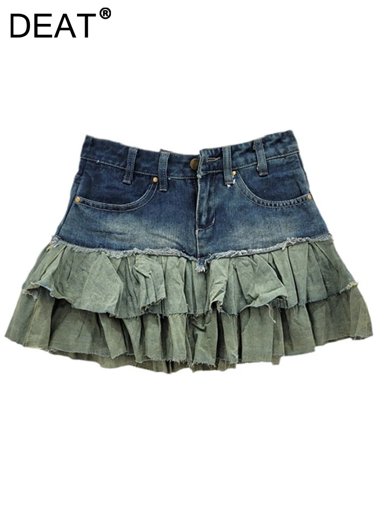 

DEAT Women's Denim Skirts High Waist Ball Gown Spliced Design Pleated Ruffle Edge Mini Skirt 2024 Summer New Fashion 33A1361