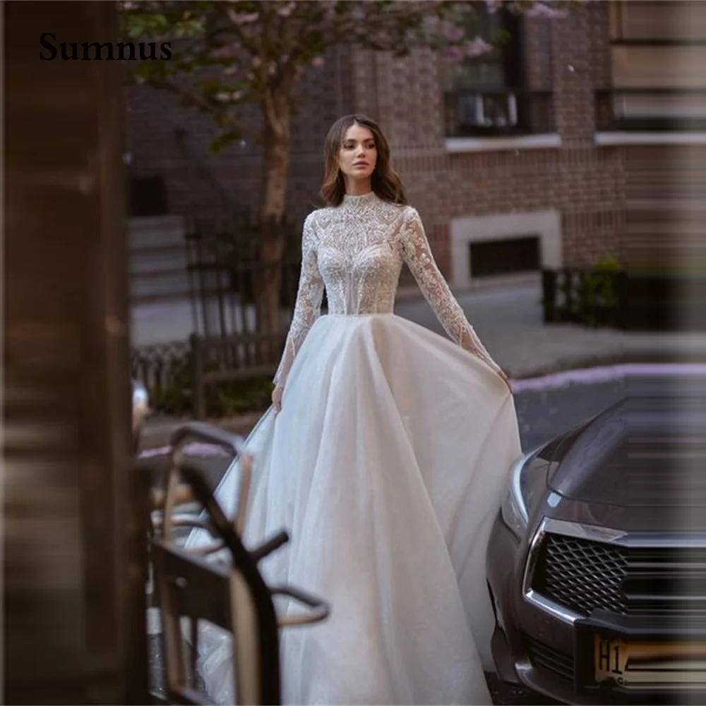 

Sumnus Luxury A Line Wedding Dress High Neck Long Sleeve Plus Size Bridal Gowns Appliques Beading Court Train Bride Dresses