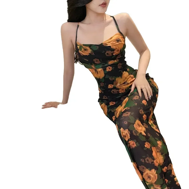 2024 Summer Women Beach Outings  Retro Rose Backless Halter Dress New Slim Fit Skirt Floral Spandex Wear Swimsuit CSM10JY23741