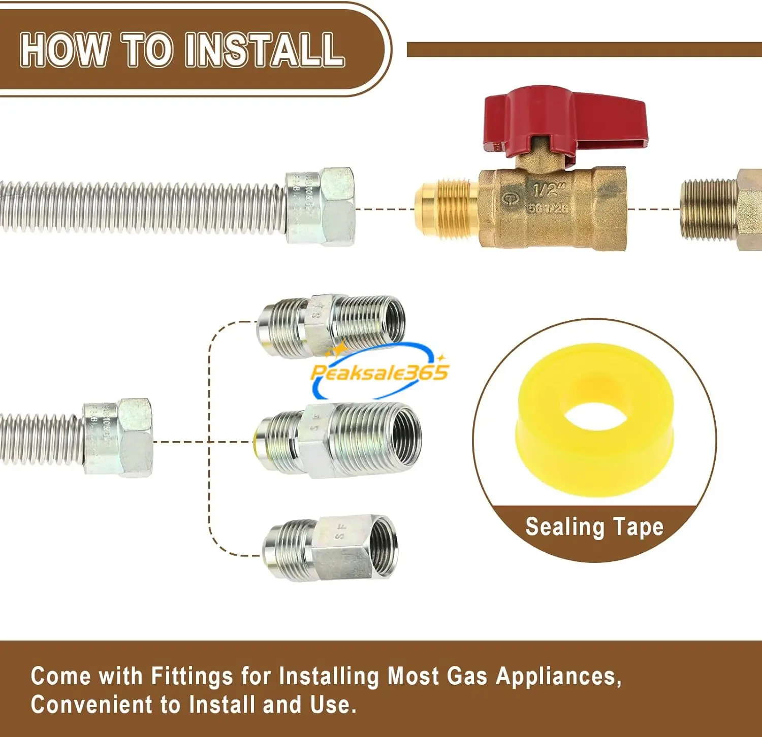 22" Natural & Propane Gas Connect Pipe Stainless Steel Flexible Line 1/2" ID x 3/8"OD NPT Female Flare Fitting Brass Ball Valve