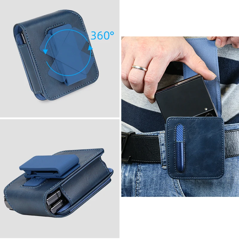 PU Leather Flip Mobile Phone Waist Bag with Pen Holder, Magnetic Closure, Blue