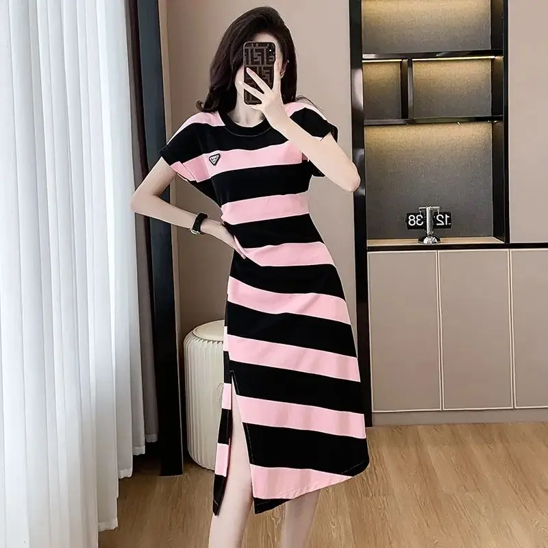 

Платье женское длинное в полоску, модный Асимметричный приталенный пуловер с коротким рукавом, Повседневная тонкая одежда, на лето