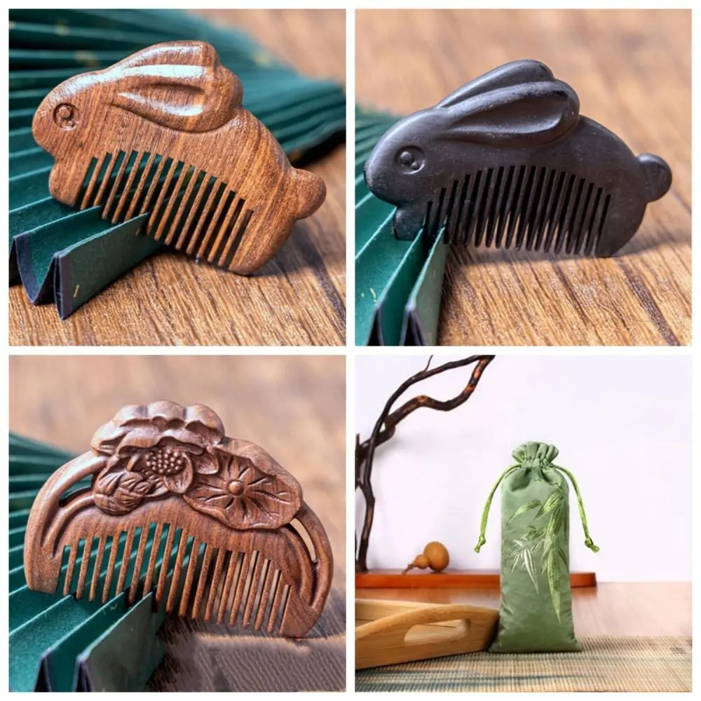 Portable Rabbit Sandalwood Comb Anti Static Nose Massage Wood Comb Relieve Stress Head Blood Circulation Wooden Comb Gift