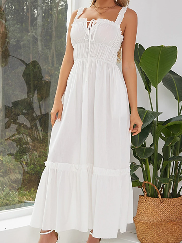 

Summer White Long Dresses Women Sexy V Neck Off Shoulder Backless Dress Ladies Elegant Casual High Waist Lace Up Pleated Dresses