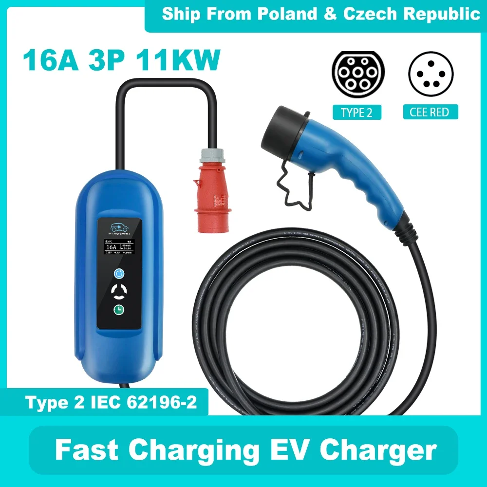 

Level 2 EV Charger Adjustable Type 2 IEC 62196-2 11kw 16A 3P Portable EVSE CEE Plug for Electric Vehicle Cars Charger 5 M