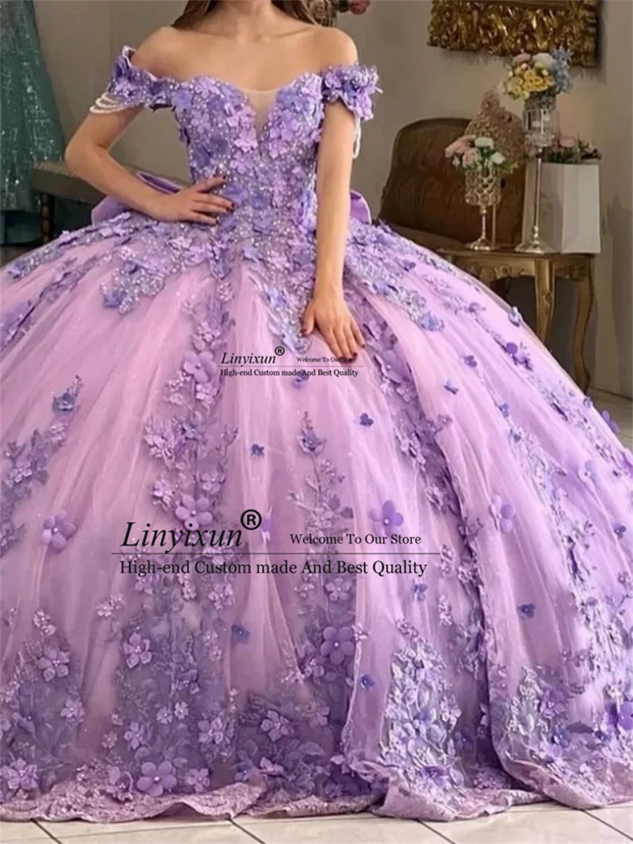 Mexico Lilac Quinceanera Dresses For 16th Year Girls V Neck Floral 15 Party Gown Vestidos De XV A&ntilde;os